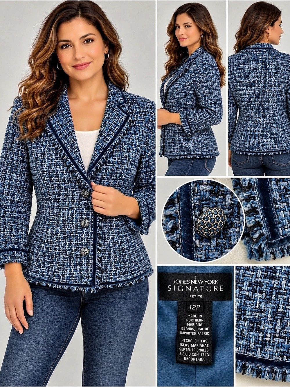 Jones New York Signature Blue Tweed Velvet Trim Blazer Jacket Petite 12P
